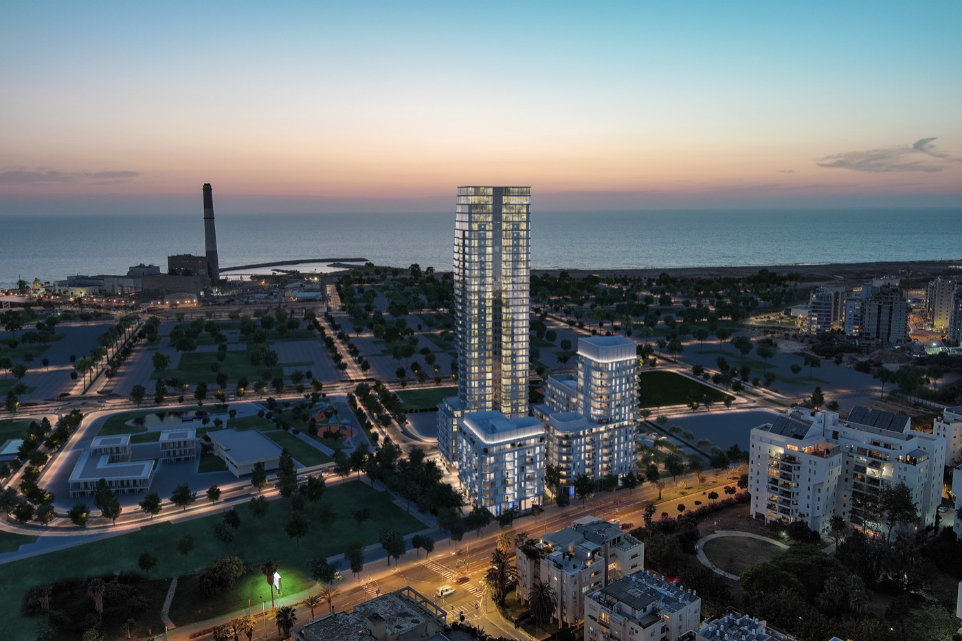 Le quartier de Sdé Dov à Tel-Aviv, de nuit, face à la mer